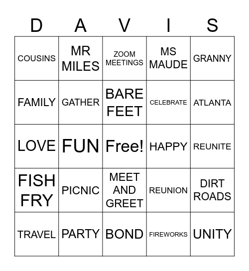 DAVIS FAMILY REUNION Bingo Card