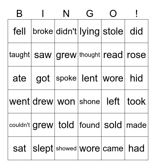 Verb Bingo Card