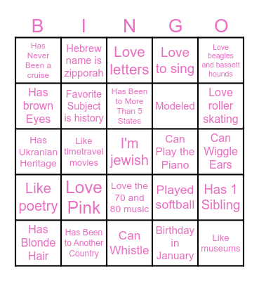 Pen Pal Bingo Card