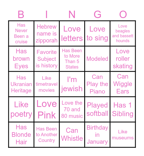 Pen Pal Bingo Card