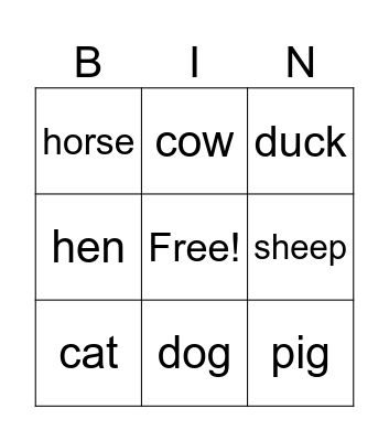 Farm Animals Bingo Card