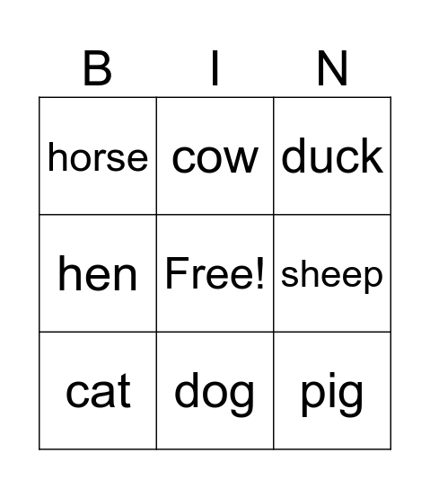 Farm Animals Bingo Card