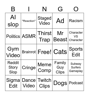 YT Shorts Bingo Card