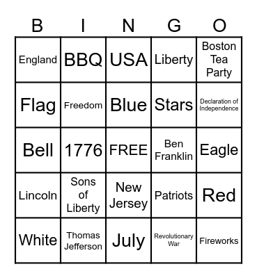 Fourth of July Bingo Card