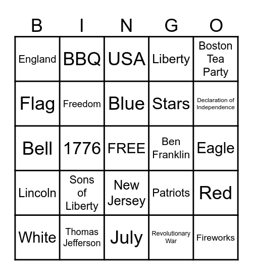 Fourth of July Bingo Card