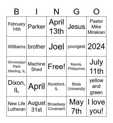 April's Bridal Shower Bingo Card