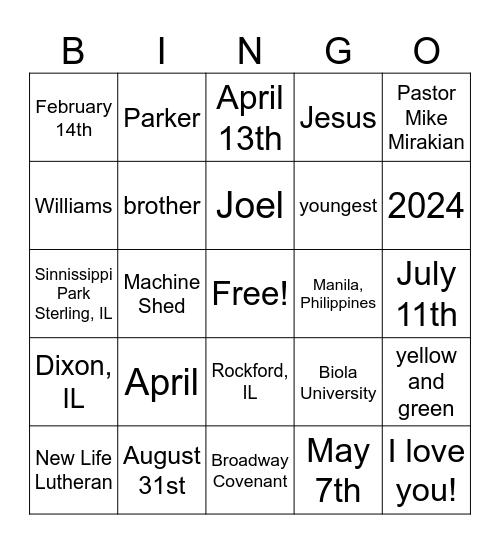 April's Bridal Shower Bingo Card