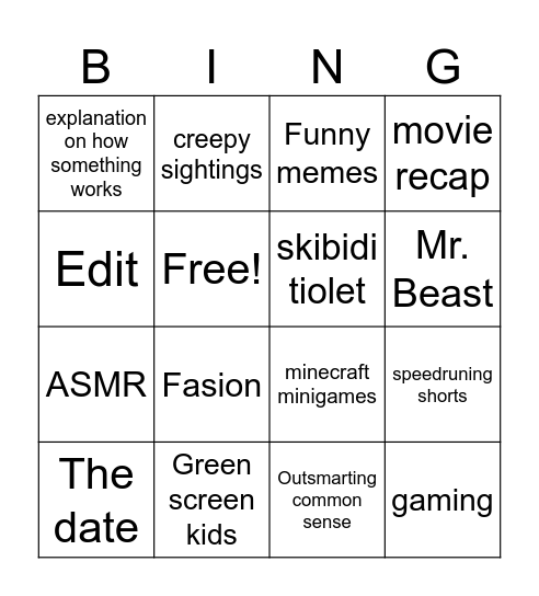 Youtube shorts Bingo Card