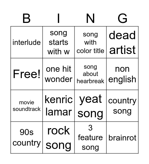 song game Bingo Card