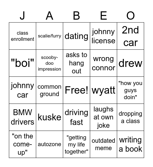 JAbe Bingo Card