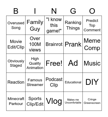 Youtube Shorts Bingo Card