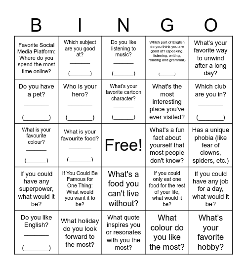 Getting-to-know-each-other Bingo Card