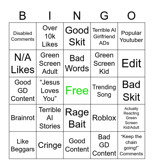 Youtube Shorts Bingo Card