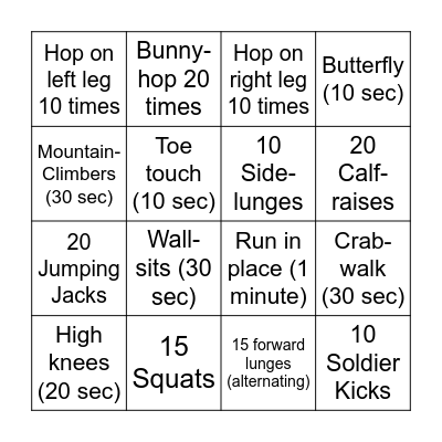 Lower Body Bingo Card