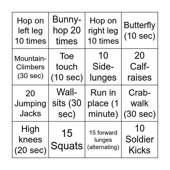 Lower Body Bingo Card