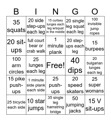 Fitness Bingo Card