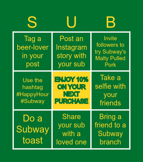 SUBWAY HAPPY HOUR BINGO Card