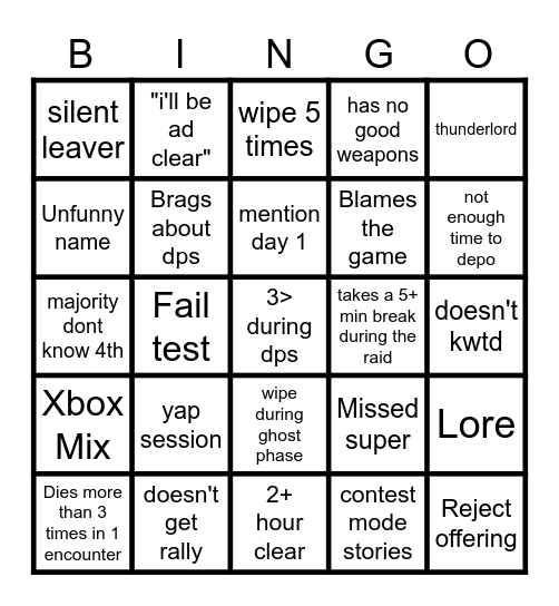 Destiny 2 Lfg Bingo Card