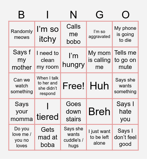 Gina bingo bored Bingo Card