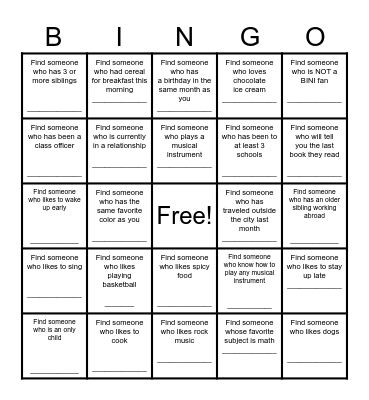 Find a Friend Bingo Card