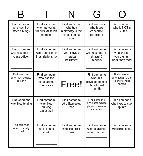 Find a Friend Bingo Card