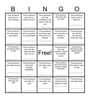 Find a Friend Bingo Card