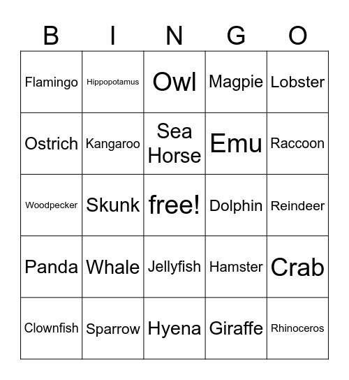 animals Bingo Card