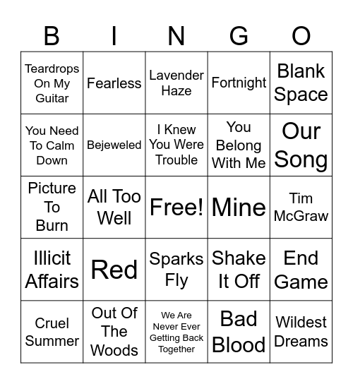 Taylor Swift - Eras Bingo Card