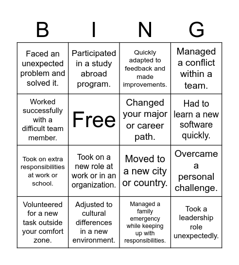 Adaptability Workshop Bingo Card