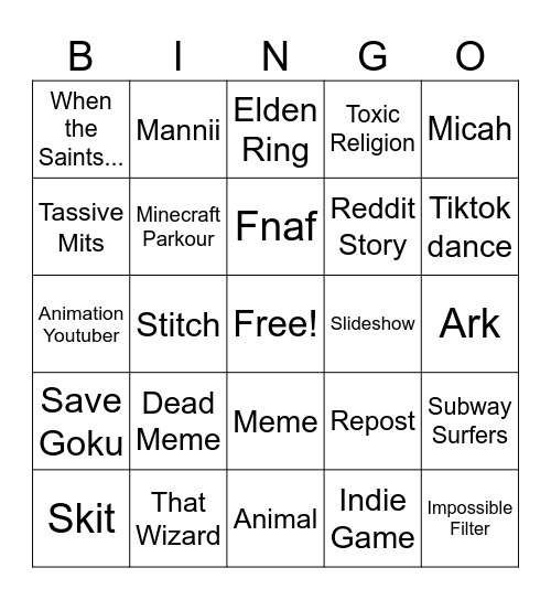 Tiktok Bingo Card