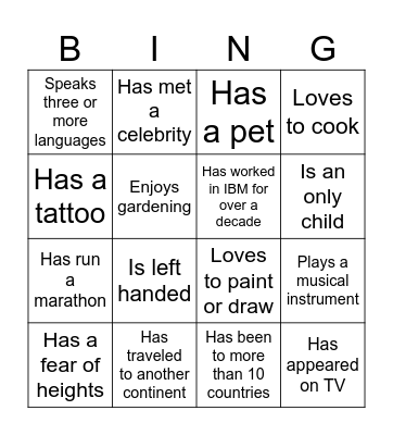 Ice breaker Bingo Card