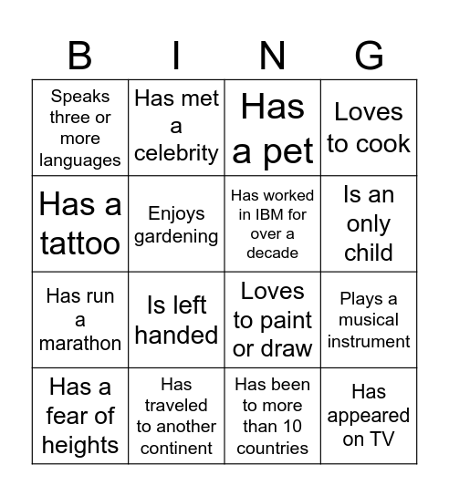 Ice breaker Bingo Card