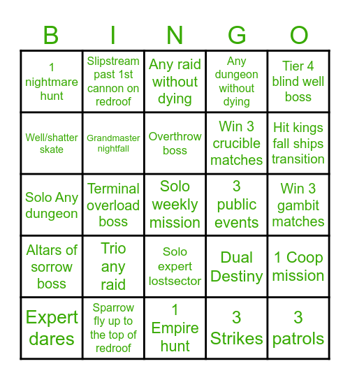 Destiny 2 Bingo Card