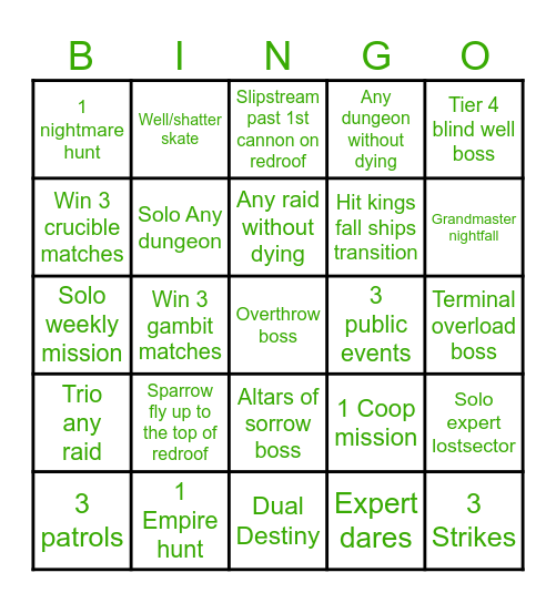 Destiny 2 Bingo Card