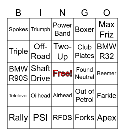 Motorbike Bingo A Bingo Card