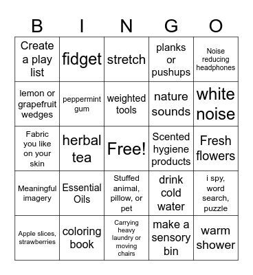 Sensory and Self Care Bingo Card