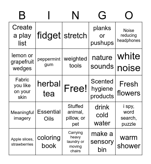 Sensory and Self Care Bingo Card