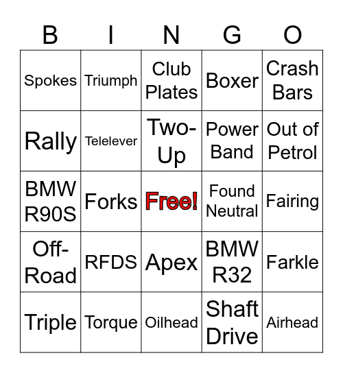 Motorbike Bingo A Bingo Card