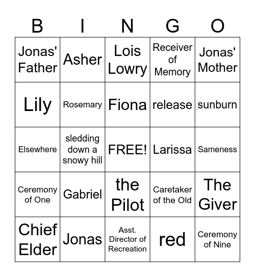 The Giver Bingo Card