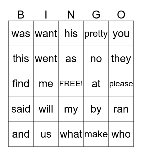 Quick Words 2 Bingo Card