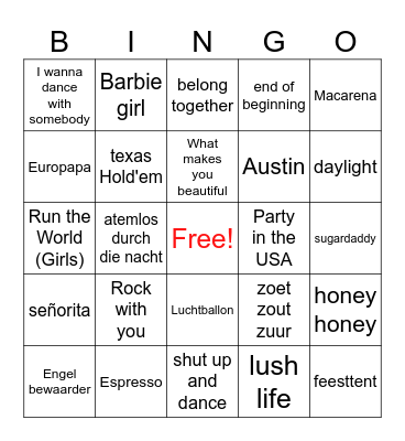 Summer Music Bingo Card