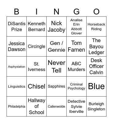 Never Tell Book Club Bingo Card