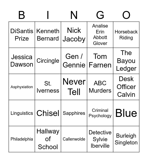Never Tell Book Club Bingo Card