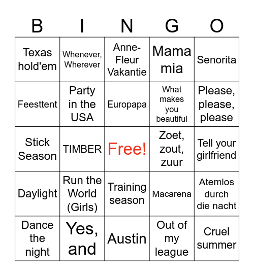 Summer Music Bingo Card