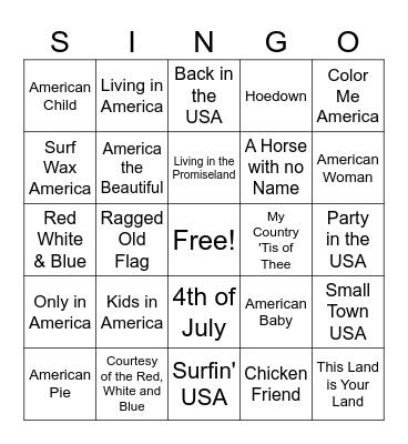 4th of July Singo Bingo Card