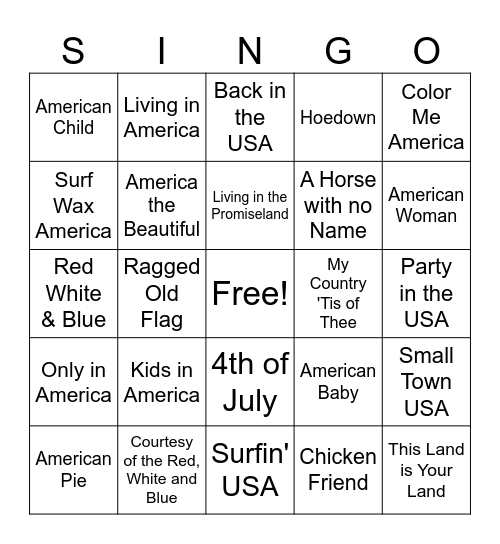 4th of July Singo Bingo Card