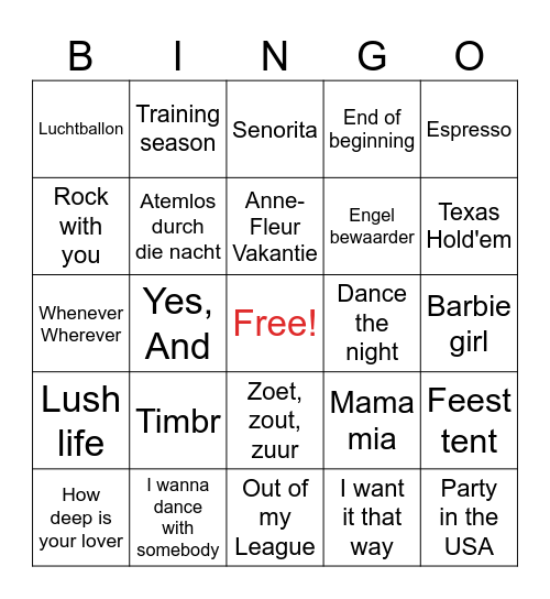 Summer Music Bingo Card