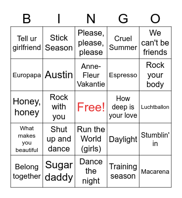 Summer Music Bingo Card
