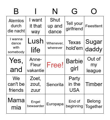 Summer Music Bingo Card