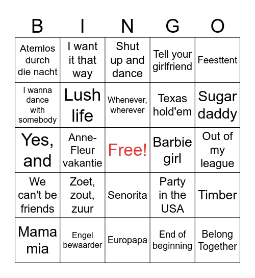 Summer Music Bingo Card